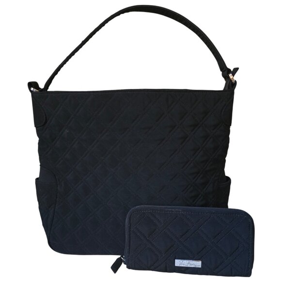 Vera Bradley Black Quilted Diamond Shoulder Bucket Purse with Zip Around Wallet - Picture 1 of 7
